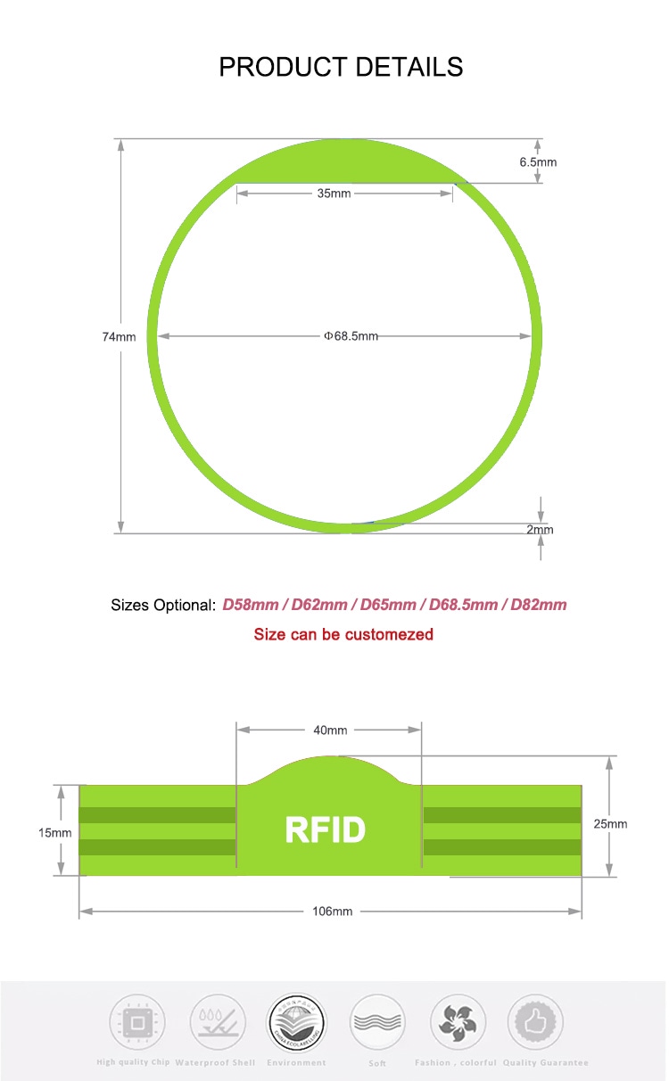 แผนภาพขนาด Silicone RFID Wristband G04 แสดงเส้นผ่านศูนย์กลางที่มีให้เลือกและขนาดสำคัญ เพื่อช่วยคุณเลือกขนาดที่พอดีสำหรับบัตรประจำตัวพนักงาน
