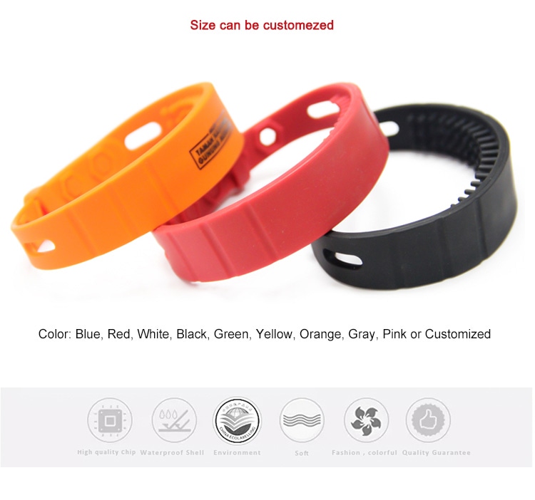 สายรัดข้อมือ RFID ซิลิโคนรุ่น G14 แสดงในสีส้ม สีแดง และสีดำ พร้อมข้อความว่าสามารถกำหนดขนาดเองได้สำหรับงานอีเวนต์