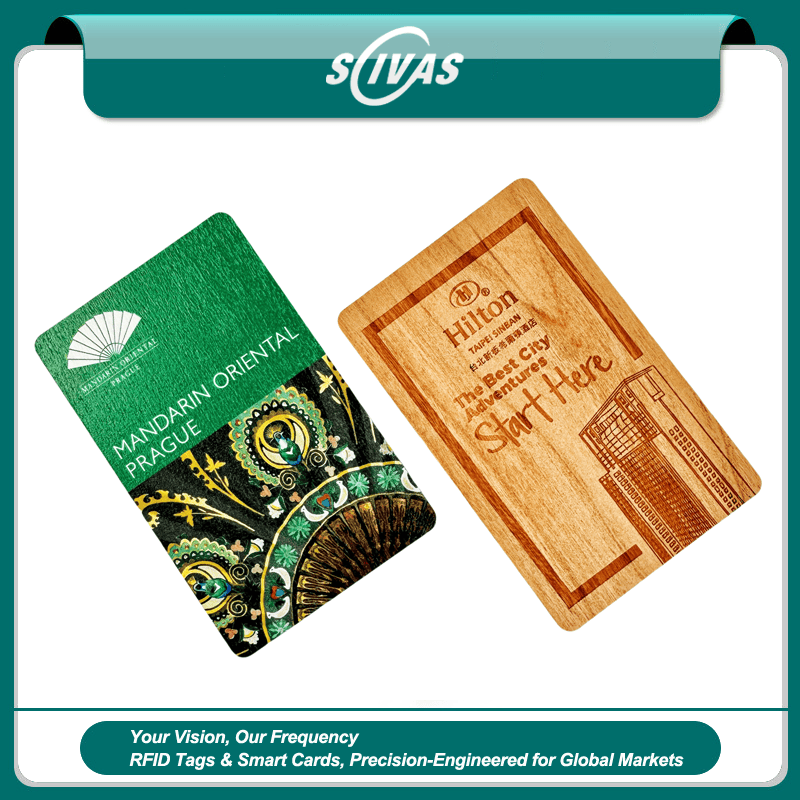 ภาพที่ 1: ภาพด้านหน้าของบัตรของขวัญไม้สั่งทำพร้อม NFC และโลโก้ โดยเน้นไม้ธรรมชาติ สำหรับการควบคุมการเข้าออก.