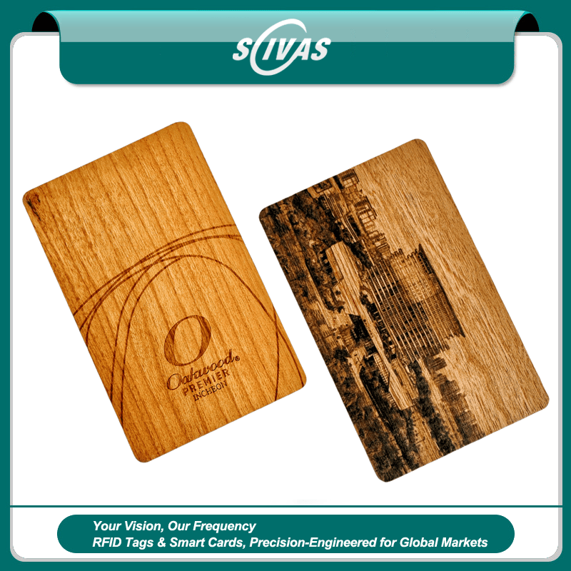 ภาพนี้เน้นการออกแบบสั่งทำของบัตร RFID ไม้เชอร์รีสำหรับการเข้าใช้และแบรนด์สำหรับการใช้งานด้านบัตรไม้.