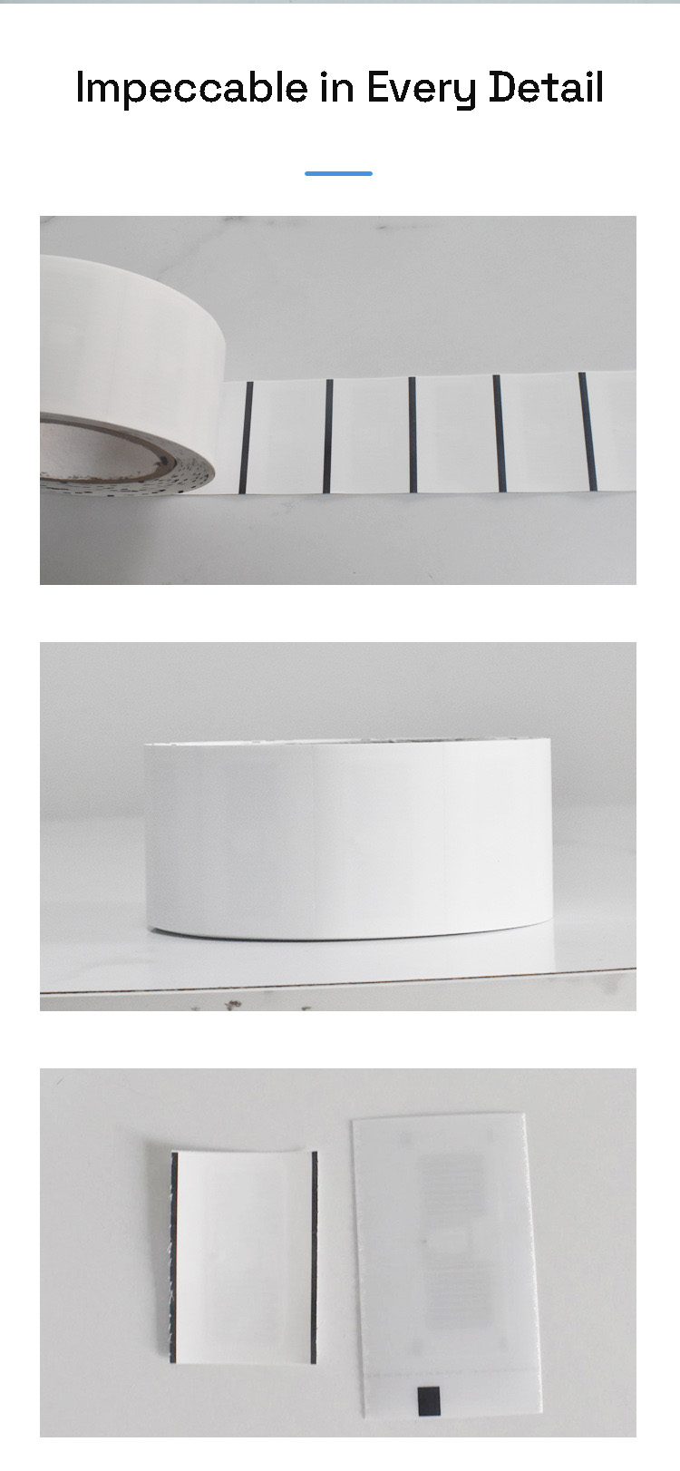 ภาพตัดปะรายละเอียดแสดงฉลาก RFID แบบบางสำหรับเครื่องแต่งกายในรูปแบบม้วน วัสดุฉลากเปล่า และภาพตัวอย่างสำเร็จรูปวางเคียงกัน