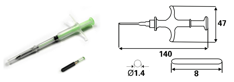 แผนภาพแสดงขนาดไมโครชิป RFID G-103 D1.4x8 มม. และขนาดกระบอกฉีดยา 140x47 มม. สำหรับงานฝังภาคสนาม
