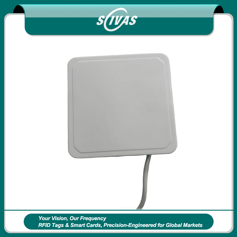 มุมมองด้านหน้าของเครื่องอ่าน RFID ISO18000-6C สำหรับระบบ UHF ZK-RFID104 ABS โดยแสดงสีขาว ตัวเรือน ABS ขนาดกะทัดรัด และส่วนควบคุมสำหรับการใช้งาน เพื่อให้เห็นส่วนประกอบด้านหน้าอย่างชัดเจน เหมาะสำหรับการควบคุมการเข้าออก และงานโลจิสติกส์และการตรวจผ่าน.