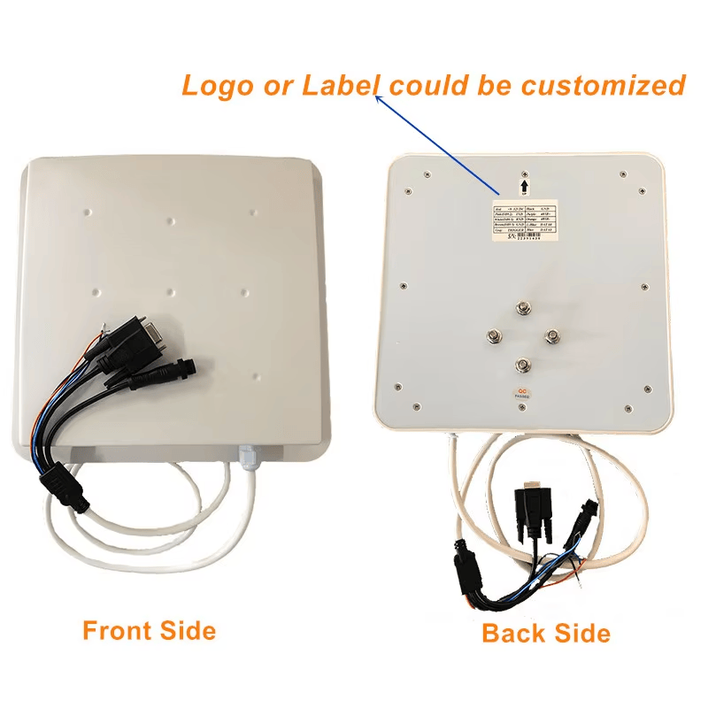 ภาพนี้แสดงเครื่องอ่าน UHF RFID EPC Gen2 สำหรับทางเข้า ZK-RFID101-EU 6 โดยแสดงฉากสาธิตการใช้งานจริง และสมรรถนะและระยะในการอ่านแท็ก.