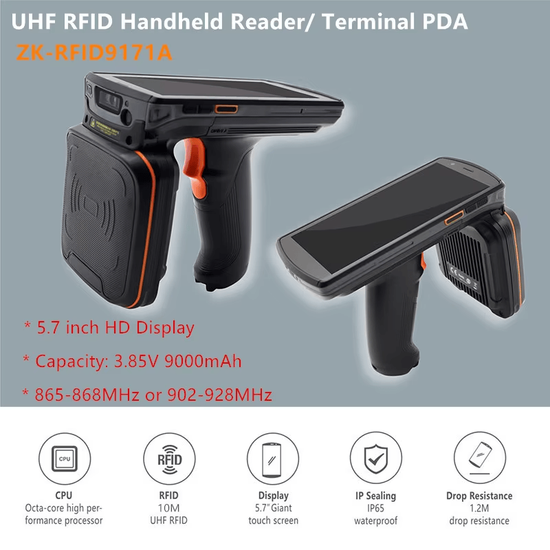ภาพนี้แสดงเครื่องสแกน RFID มือถือสำหรับตรวจคลังสินค้า ZK-RFID9171A IP65 IP โดยแสดงโครงสร้างกันน้ำสำหรับการใช้งานจริง โครงสร้างที่แข็งแรงทนทาน และความทนทานต่อสภาพแวดล้อม เหมาะสำหรับการตรวจนับและจัดการสินค้าคงคลัง.