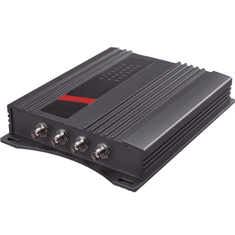 ภาพนี้แสดงเครื่องอ่าน UHF RFID ประจำที่สี่พอร์ตสำหรับอัตโนมัติ ZK-RFID401 TNC โดยแสดงโครงสร้างเสาอากาศ แผงและพื้นผิวด้านหน้า และพอร์ตและขั้วต่อเสาอากาศ.
