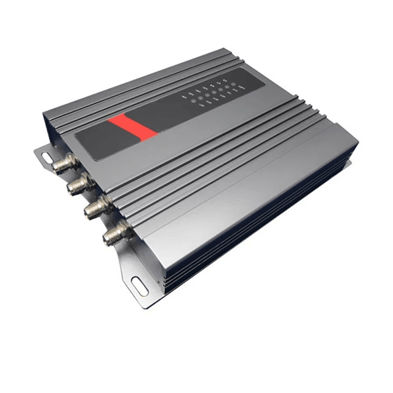 ภาพนี้แสดงเครื่องอ่าน UHF RFID ประจำที่สี่พอร์ตสำหรับอัตโนมัติ ZK-RFID401 โดยแสดงโครงสร้างเสาอากาศ พอร์ตและขั้วต่อเสาอากาศ และขนาดกะทัดรัดประหยัดพื้นที่.