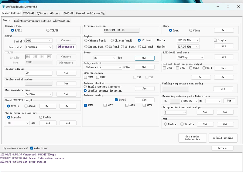ภาพหน้าจอซอฟต์แวร์แสดงอินเทอร์เฟซ UHFReader288 Demo พร้อมการตั้งค่าเครื่องอ่าน การควบคุมการนับสินค้า และตัวเลือกเสาอากาศ