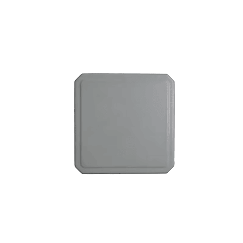 มุมมองด้านหน้าของเสาอากาศ UHF RFID ทรงกลมขนาดกะทัดรัด 6dBi ZK-ANT130D โดยแสดงสีขาว โครงสร้างเสาอากาศ พื้นหลังเรียบที่เน้นตัวผลิตภัณฑ์ และชุดเสาอากาศภายนอก เพื่อให้เห็นส่วนประกอบด้านหน้าอย่างชัดเจน.