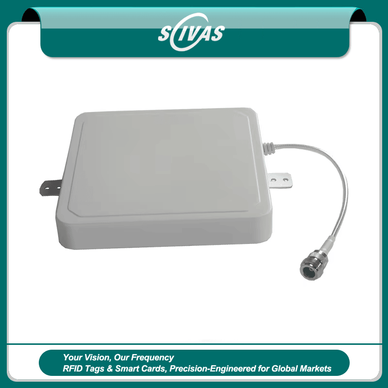 ภาพนี้แสดงเสาอากาศ UHF RFID 4dBi สำหรับเครื่องอ่านประจำที่ ZK-ANT165D SCIVAS โดยแสดงโครงสร้างเสาอากาศ และภาพนำเสนอบนพื้นหลังของแบรนด์.