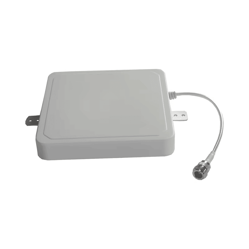 มุมมองด้านหน้าของเสาอากาศ UHF RFID 4dBi สำหรับเครื่องอ่านประจำที่ ZK-ANT165D โดยแสดงโลหะ และโครงสร้างเสาอากาศ เพื่อให้เห็นส่วนประกอบด้านหน้าอย่างชัดเจน.
