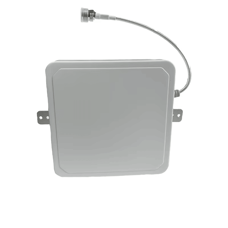 มุมมองด้านหน้าของเสาอากาศ UHF RFID 4dBi สำหรับเครื่องอ่านประจำที่ ZK-ANT165D โดยแสดงโครงสร้างเสาอากาศ เพื่อให้เห็นส่วนประกอบด้านหน้าอย่างชัดเจน.
