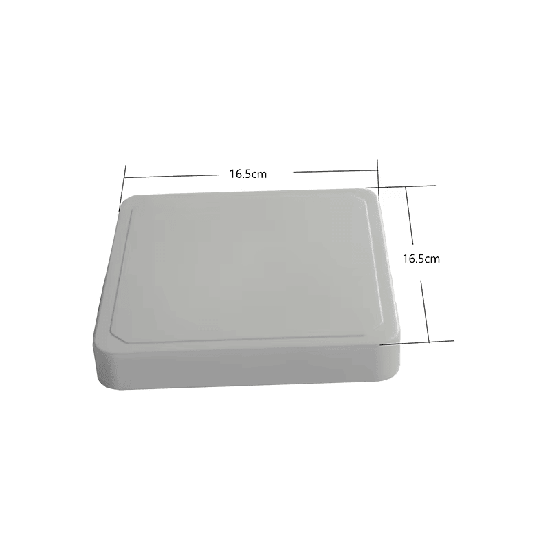 ภาพนี้แสดงเสาอากาศ UHF RFID 4dBi สำหรับเครื่องอ่านประจำที่ ZK-ANT165D 16.5 cm โดยแสดงโครงสร้างเสาอากาศ และขนาดและสัดส่วนของผลิตภัณฑ์.