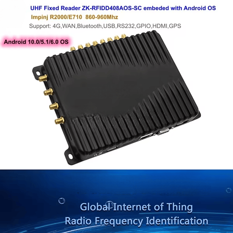 ภาพผลิตภัณฑ์แสดง ZK-RFID408AOS-SC ที่ติดตั้ง Android OS และเน้นคุณสมบัติ 4G WAN Bluetooth USB RS232 GPIO และ GPS