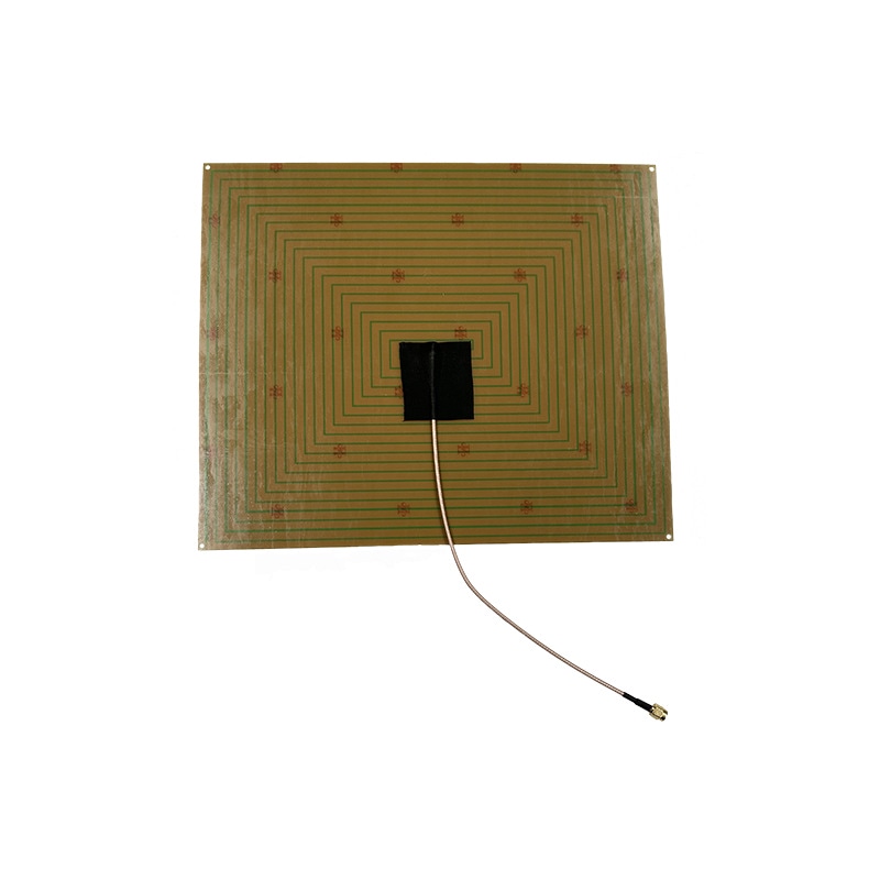 ภาพนี้แสดงแผงด้านหลังของเสาอากาศ ZK-ANT2925 near field PCB UHF RFID พร้อมฝาครอบสีดำตรงกลางและสายเคเบิลที่ต่อออกมา