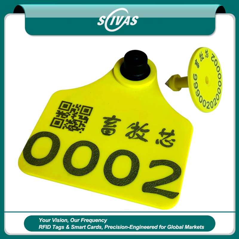 1) ภาพนี้แสดงแท็กหูโค UHF ระยะไกลสำหรับจัดการฝูงปศุสัตว์ RFID โดยเน้นสีเหลือง และระยะอ่านไกล สำหรับการระบุตัวสัตว์และงานปศุสัตว์.