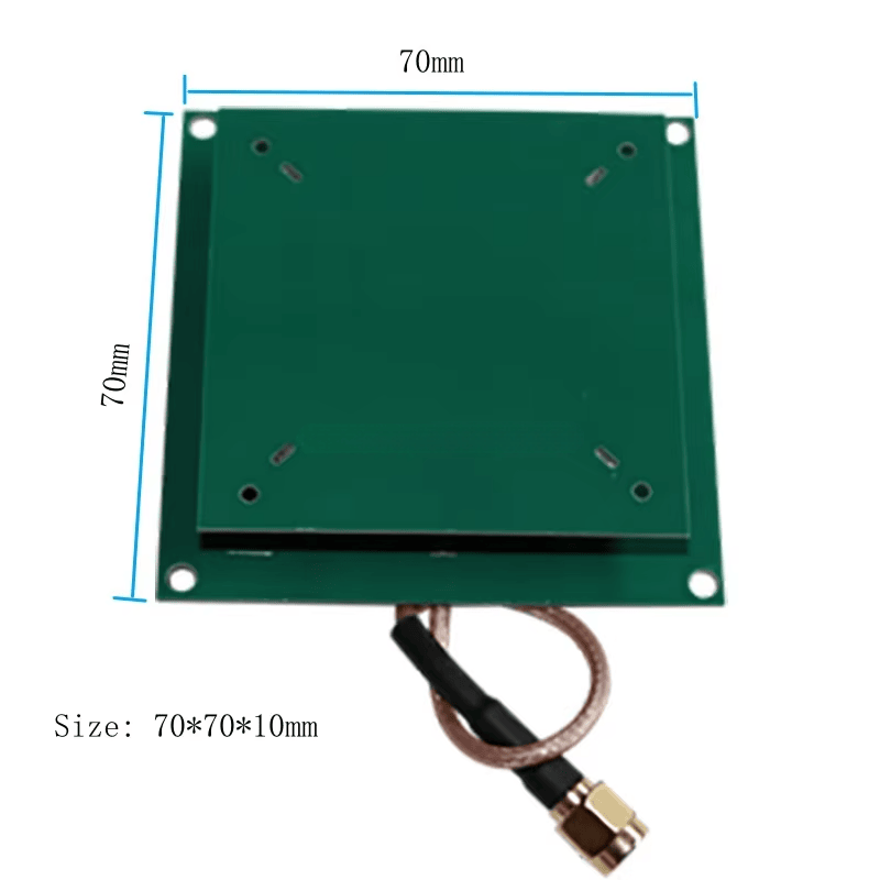 ภาพนี้แสดงเสาอากาศ UHF RFID แบบพาสซีฟ ZK-ANT7070 พร้อมป้ายขนาดที่เน้นรูปร่างสี่เหลี่ยมขนาด 70 x 70 มิลลิเมตร