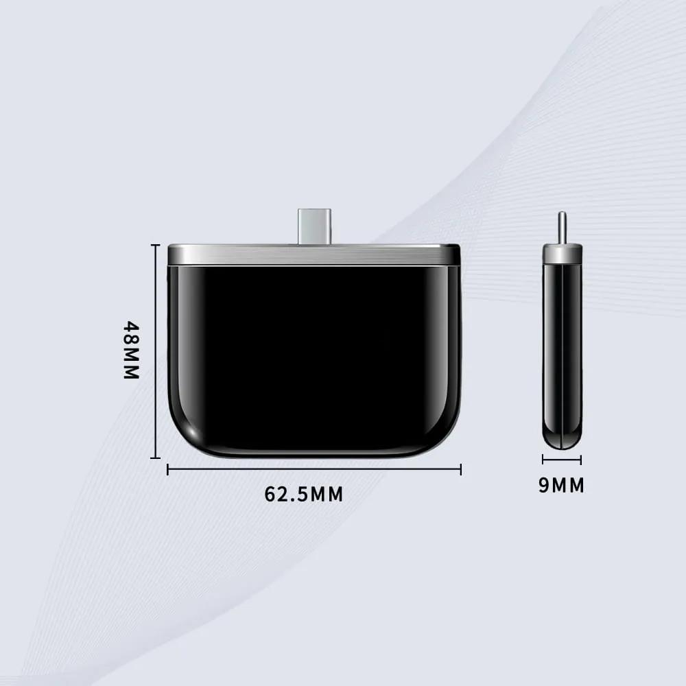CK-BA7 เครื่องอ่าน RFID แบบติดกับโทรศัพท์ถูกแสดงพร้อมแผนภาพขนาดที่แสดงด้านหน้า ด้านข้าง และขนาดอุตสาหกรรมกะทัดรัด