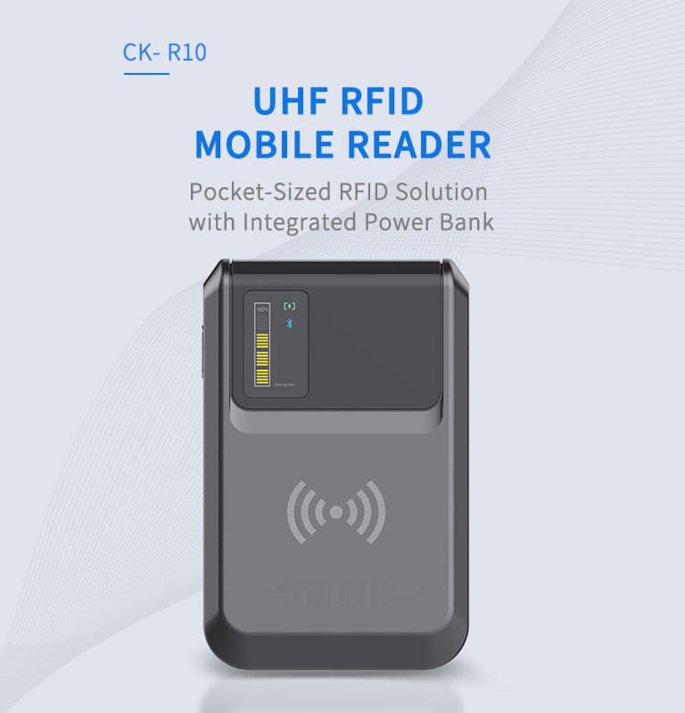 เครื่องอ่าน UHF RFID แบบเคลื่อนที่รุ่น CK-R10 ปรากฏในโปสเตอร์สินค้าที่ระบุว่าเป็นโซลูชัน RFID ขนาดพกพาพร้อมพาวเวอร์แบงก์