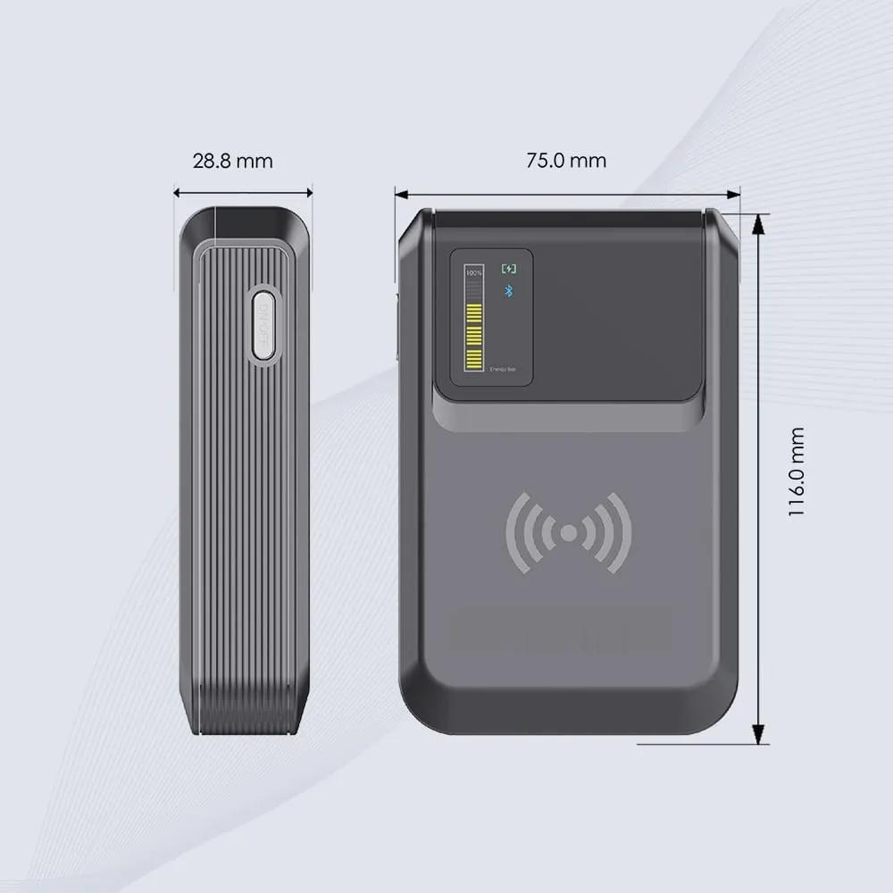 เครื่องอ่าน RFID แบบพกพาสำหรับ iPhone รุ่น CK-R10 แสดงพร้อมแผนภาพขนาดที่แสดงด้านหน้า ด้านข้าง และขนาดตัวเครื่องที่กะทัดรัด