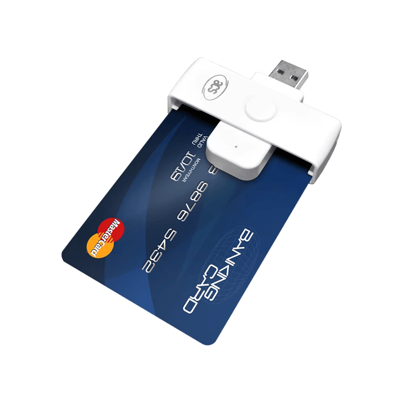ภาพนี้แสดงเครื่องอ่านสมาร์ตการ์ด USB-A พกพาสำหรับเข้าใช้ ACR39U-N1 II PocketMate โดยแสดงตำแหน่งติดตั้งและการใช้งานจริง.