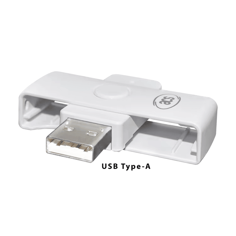 ACR39U-N1 PocketMate II ตัวอ่านสมาร์ตการ์ดแสดงโดยเปิดขั้วต่อ USB Type-A ออกเพื่อเน้นรูปแบบการเชื่อมต่อกับโฮสต์