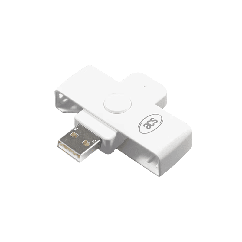 ACR39U-N1 PocketMate II ตัวอ่านสมาร์ตการ์ดแสดงเดี่ยวในภาพผลิตภัณฑ์ที่สะอาดตาพร้อมตัวเครื่องสีขาวและปลั๊ก USB Type-A