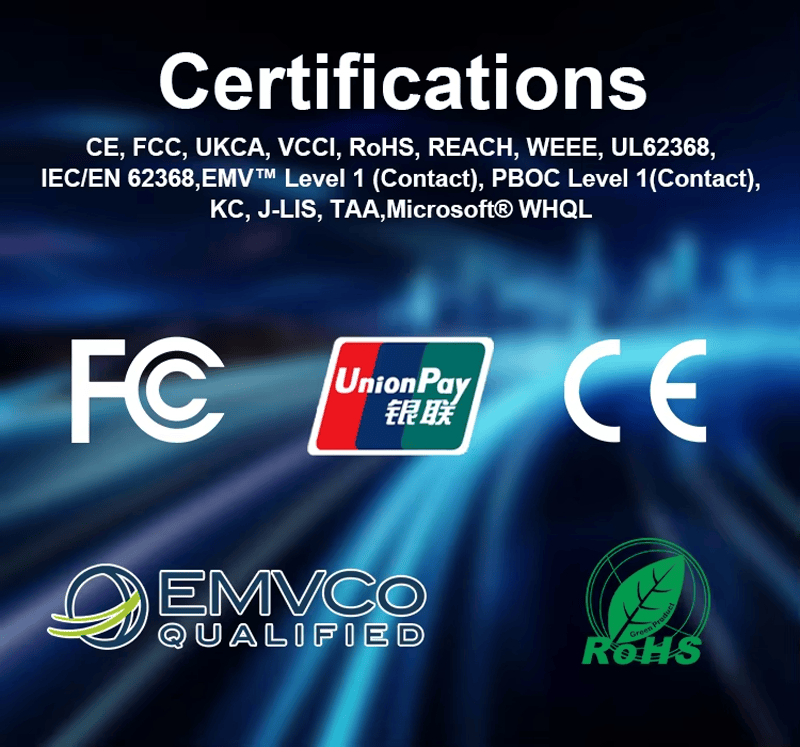 กราฟิกการรับรองของเครื่องอ่านสมาร์ทการ์ดแบบสัมผัส ACR40U แสดงเครื่องหมาย FCC CE EMVCo RoHS และเครื่องหมายที่เกี่ยวข้องกับการปฏิบัติตามข้อกำหนดอื่นๆ