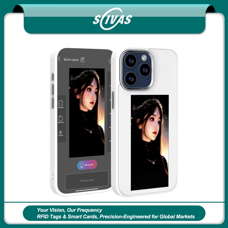 1) ภาพนี้แสดงเคสโทรศัพท์ NFC จอ E-Ink สั่งทำสำหรับโปรแกรมแบรนด์ โดยเน้นพื้นที่สำหรับโลโก้และแบรนด์สั่งทำ สำหรับการจัดการอุปกรณ์อิเล็กทรอนิกส์และทรัพย์สิน IT.