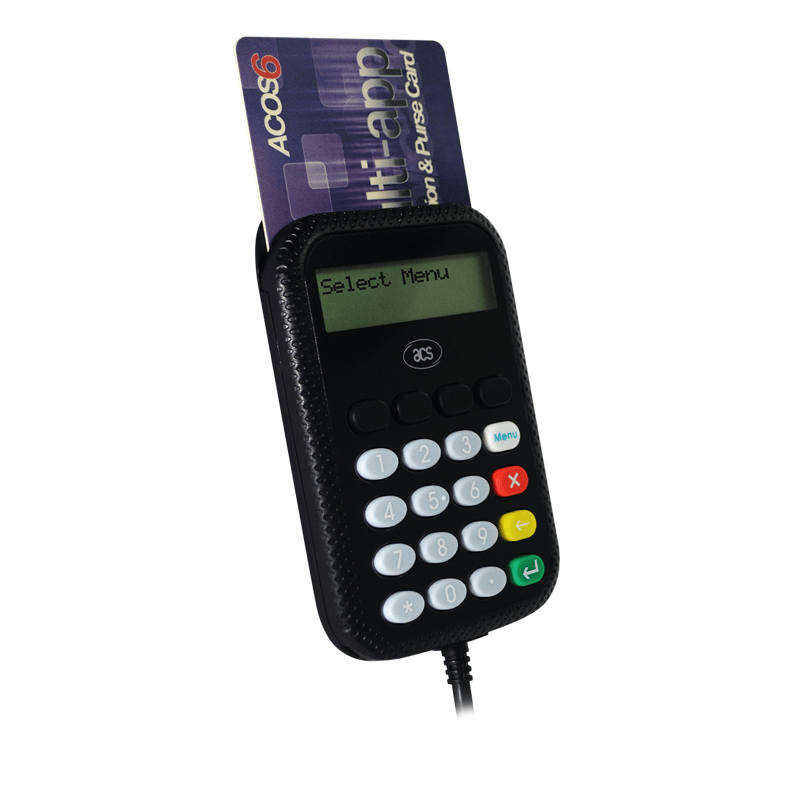 ภาพนี้แสดงเครื่องอ่านสมาร์ตการ์ดพร้อมแป้น PIN ปลอดภัย APG8201-B2 โดยแสดงตำแหน่งติดตั้งและการใช้งานจริง.