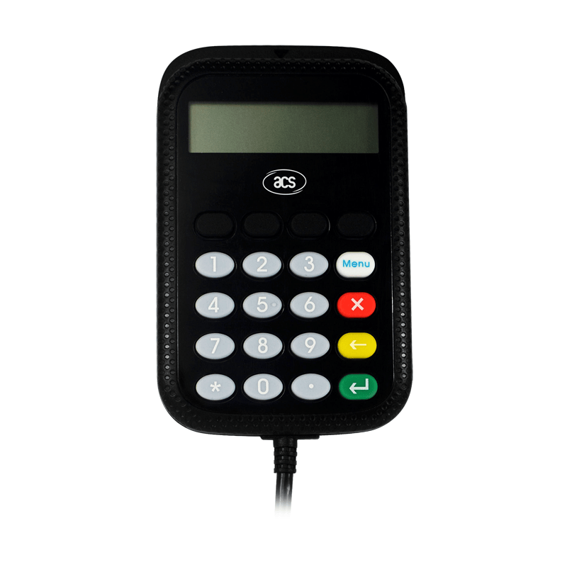 เครื่องอ่านบัตรสมาร์ทการ์ดพร้อม PINPad APG8201-B2 ถูกจัดวางกลางภาพถ่ายผลิตภัณฑ์ที่สะอาดตา โดยมองเห็นปุ่มบนหน้าจอและปุ่มกดสีต่าง ๆ