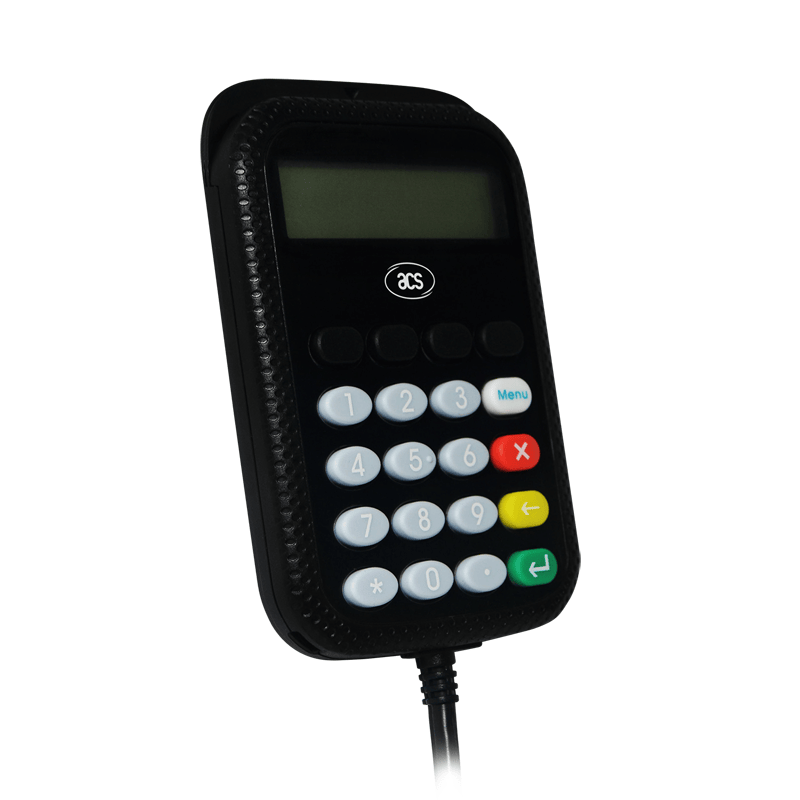 มุมมองแบบเอียงของเครื่องอ่านสมาร์ตการ์ดพร้อมแป้น PIN ปลอดภัย APG8201-B2 โดยแสดงแป้นกดและปุ่มควบคุม โดยถ่ายจากมุมเอียงเพื่อให้เห็นมิติของตัวเครื่อง.