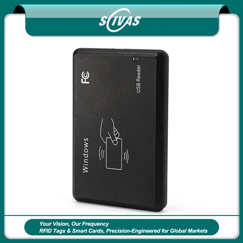 ภาพนี้เน้นแผงปุ่มกดด้านหน้าของเครื่องอ่านบัตร HF RFID 13.56MHz สำหรับอ่าน UID USB สำหรับการใช้งานด้านเครื่องอ่าน 13.56MHz HF RFID.
