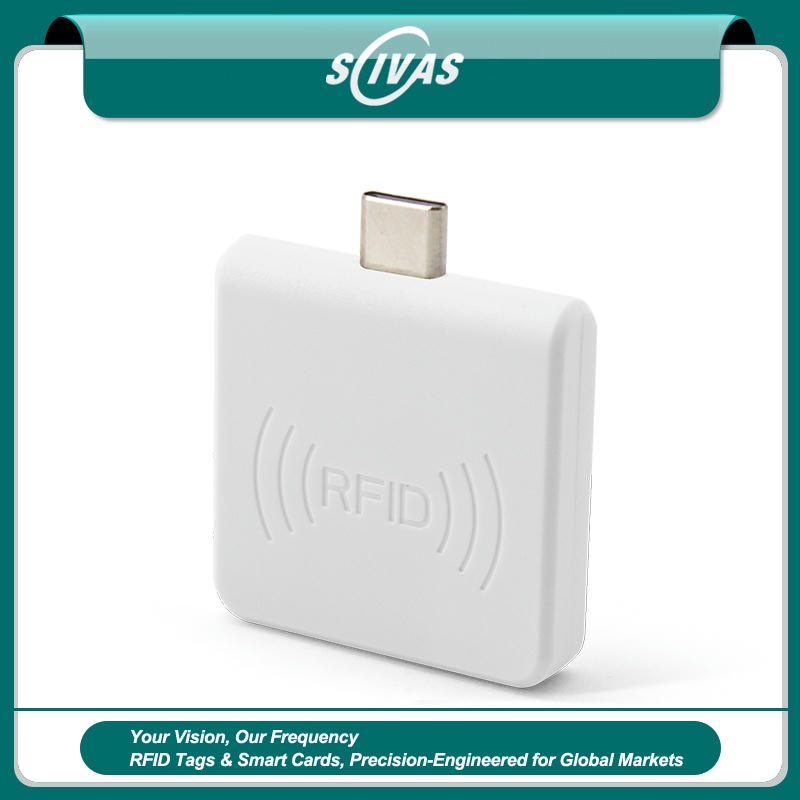 เครื่องอ่าน HF Type-C สำหรับยืมคืนบัตรห้องสมุด RFID แสดงแผงปุ่มกดด้านหน้าอย่างชัดเจนสำหรับการใช้งานด้านเครื่องอ่าน 13.56MHz HF RFID.