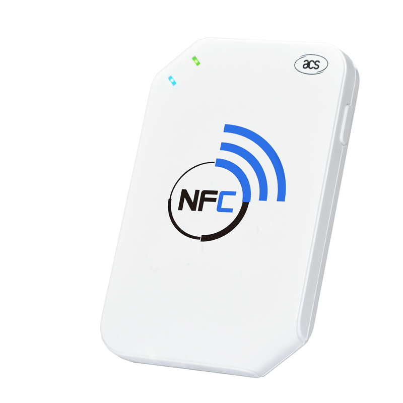 มุมมองด้านข้างของเครื่องอ่านสมาร์ตการ์ด NFC Bluetooth สำหรับเข้าออก ACR1255U-J1 โดยแสดงรูปทรงบางกะทัดรัด รูปลักษณ์ที่เรียบหรูและทันสมัย และการเชื่อมต่อกับสมาร์ตโฟนและเครือข่ายไร้สาย.