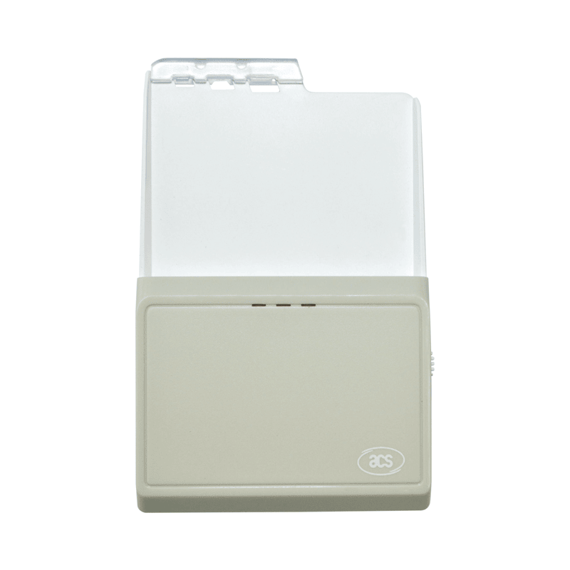 มุมมองด้านข้างของเครื่องอ่านบัตรสัมผัส Bluetooth สำหรับมือถือและเดสก์ท็อป acr3901u-s1 USB โดยแสดงแบตเตอรี่และจุดเชื่อมต่อสำหรับชาร์จ และการเชื่อมต่อ USB.