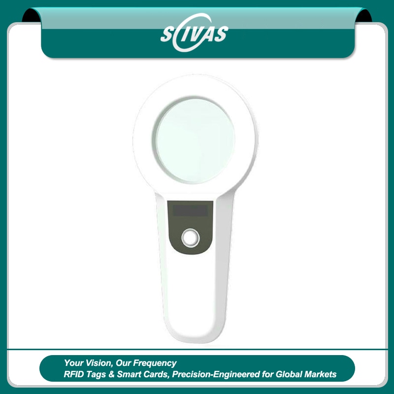 1) ภาพนี้แสดงเครื่องอ่านสัตว์ LF RFID 134.2KHz สั่งทำ FS-200 SCIVAS โดยเน้นส่วนควบคุมสำหรับการใช้งาน.