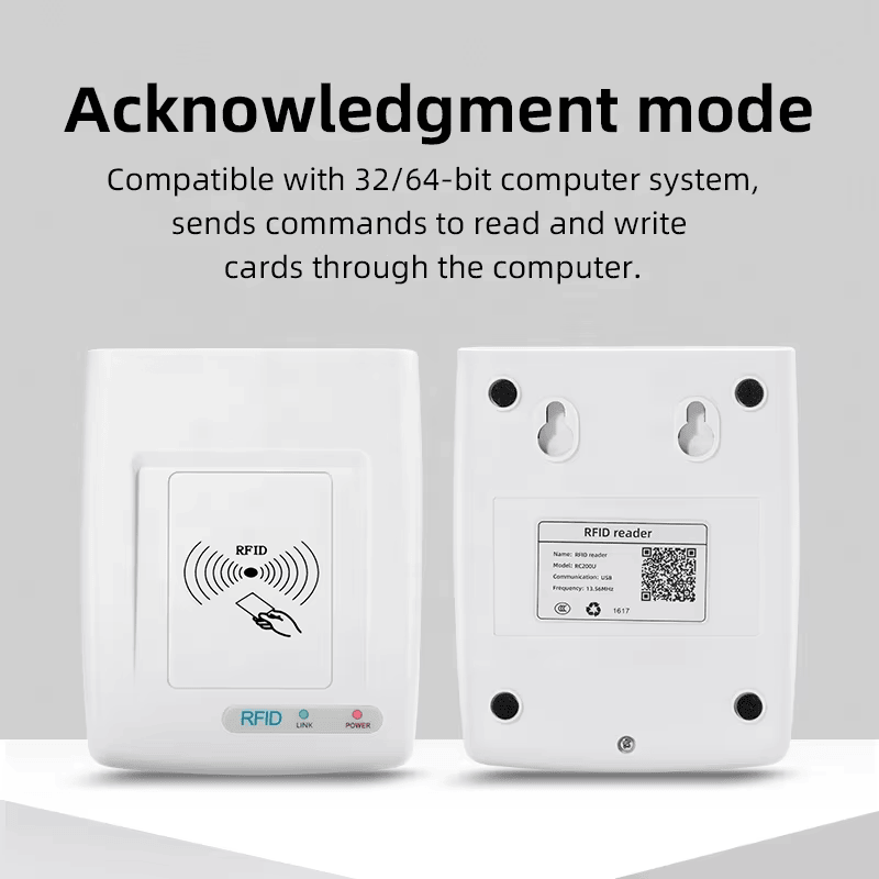 ภาพนี้แสดงเครื่องอ่าน RFID ความถี่สูงสั่งทำผ่าน USB RC200U HF PC โดยแสดงการอ่านและเขียนข้อมูล.