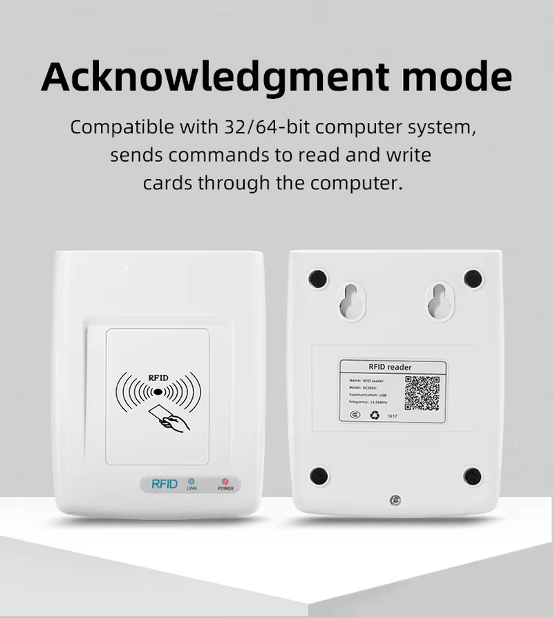 ภาพนี้แสดงตัวเครื่องด้านหน้าและด้านหลังของเครื่องอ่าน RC200U HF RFID รวมถึงช่องยึดติดผนังและฉลากผลิตภัณฑ์ที่ด้านหลัง