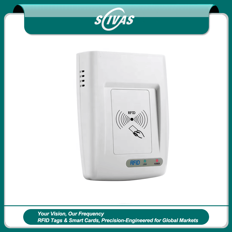 มุมมองด้านหน้าของเครื่องอ่าน RFID ความถี่สูงสั่งทำผ่าน USB RC200U 13.56MHz HF โดยแสดงย่านความถี่ที่รองรับ เพื่อให้เห็นส่วนประกอบด้านหน้าอย่างชัดเจน เหมาะสำหรับการควบคุมการเข้าออก และการชำระเงินแบบไร้เงินสด.