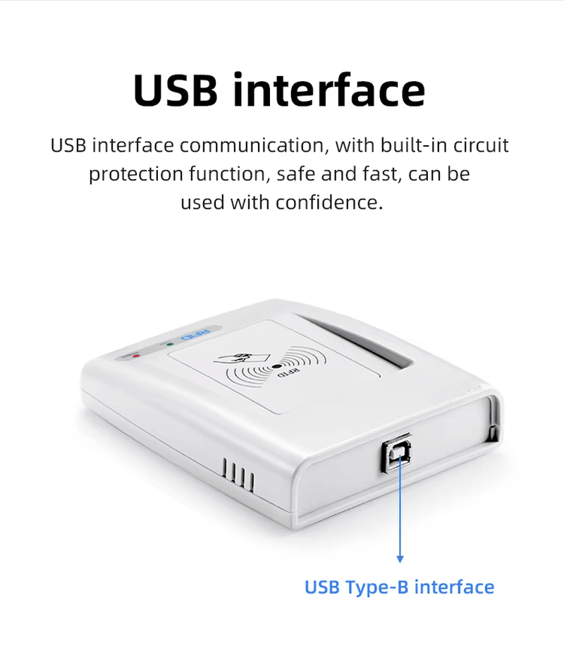 แผนภาพนี้แสดงอินเทอร์เฟซ USB ของเครื่องอ่าน RC200U HF RFID พร้อมลูกศรชี้ไปที่ขั้วต่อ Type B สำหรับการตั้งค่าที่รวดเร็ว