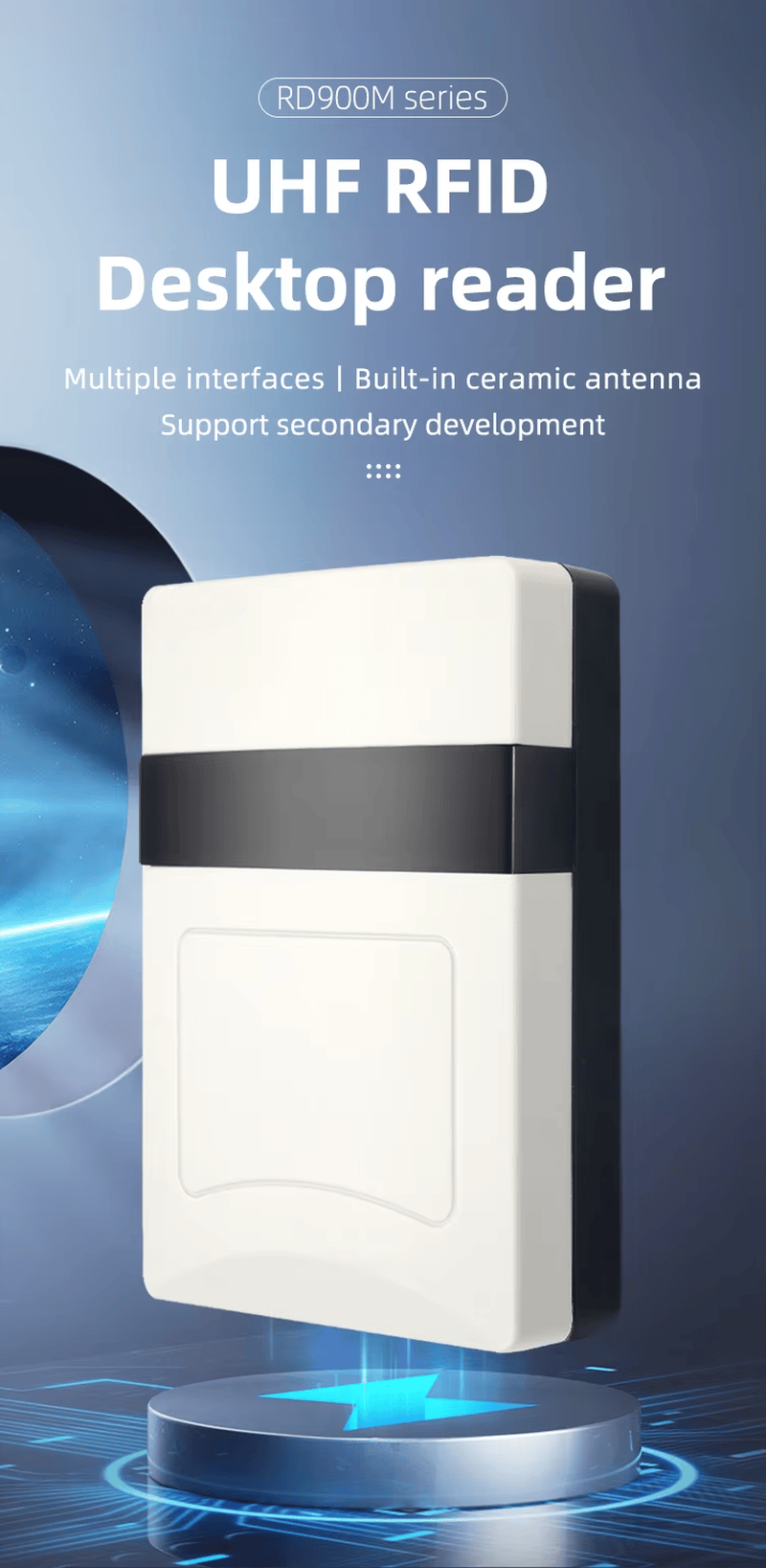 แผนภาพทางเทคนิคแสดงระยะอ่านปรับได้ 1.5m ของเครื่องอ่าน UHF RFID แบบตั้งโต๊ะซีรีส์ RD900M ในสภาพแวดล้อมอุตสาหกรรม