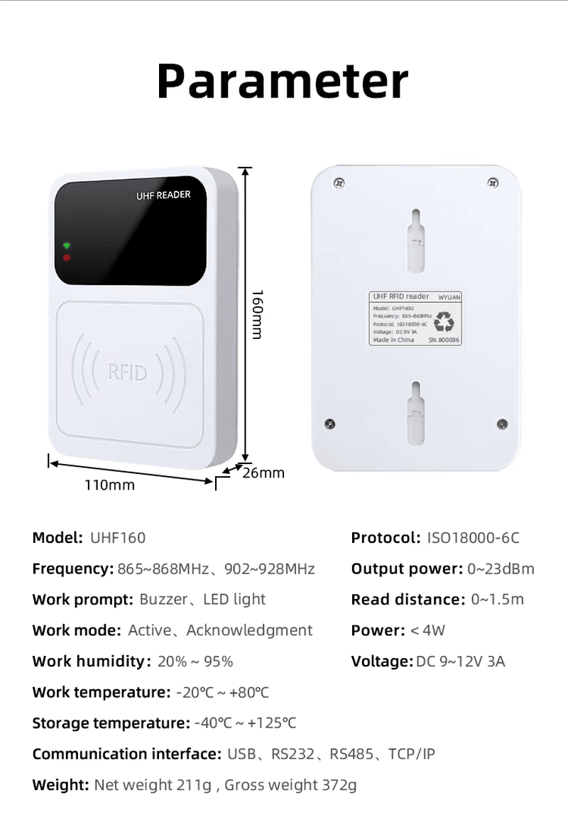 ชุดบรรจุภัณฑ์ครบชุดของเครื่องอ่าน RFID ซีรีส์ UHF160 รวมถึงตัวเครื่องหลักและสายข้อมูลที่จำเป็นสำหรับการจัดส่งทั่วโลก