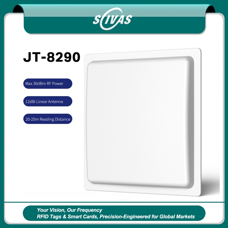 ภาพที่ 1: ภาพนี้แสดงเครื่องอ่าน UHF RFID ระยะไกล IP65 สำหรับลานจอดรถ JT-8290 โดยเน้นระยะอ่านไกล สำหรับการติดตามและจัดการสินค้าหรือทรัพย์สิน.