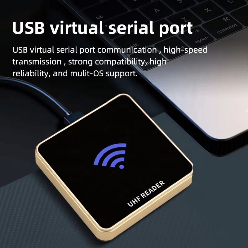 มุมมองด้านข้างของเครื่องอ่าน UHF RFID ตั้งโต๊ะสำหรับระบบสั่งทำ UHF100U 25mm ABS โดยแสดงตัวเรือน ABS รูปทรงบางกะทัดรัด และโครงสร้างที่แข็งแรงทนทาน.