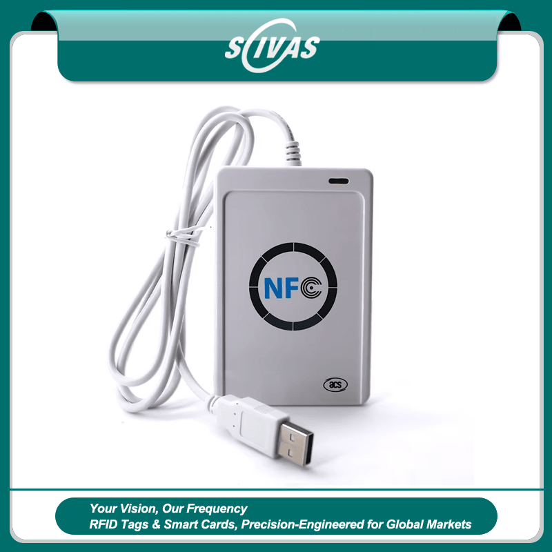 ภาพนี้แสดงเครื่องอ่าน HF RFID สำหรับยืนยันสมาร์ตการ์ด ACR122U 13.56MHz USB โดยแสดงการเชื่อมต่อ USB ย่านความถี่ที่รองรับ และตำแหน่งติดตั้งและการใช้งานจริง.
