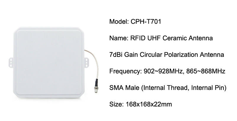 การ์ดข้อมูลจำเพาะแสดงเสาอากาศแผงเซรามิก CPH-T701 พร้อมเกน 7dBi และแท็บติดตั้งด้านข้าง
