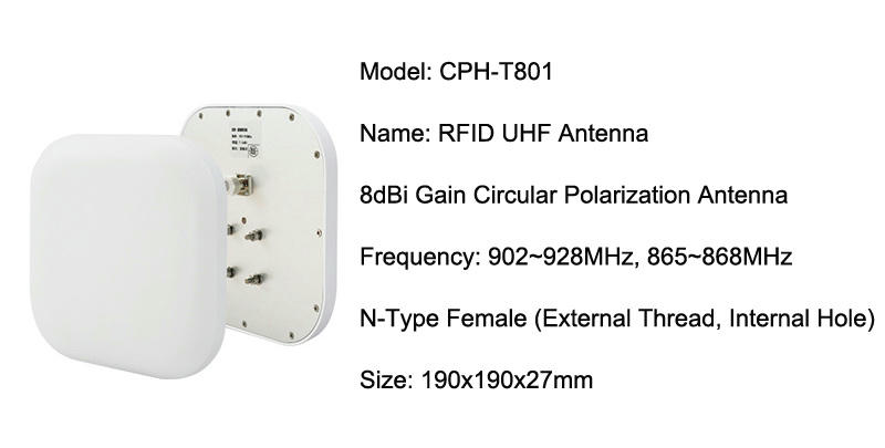 การ์ดข้อมูลจำเพาะแสดงเสาอากาศ UHF CPH-T801 พร้อมขั้วต่อ N type female และภาพฮาร์ดแวร์ด้านหลัง