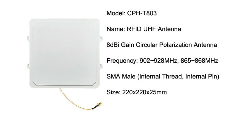 การ์ดข้อมูลจำเพาะแสดงเสาอากาศแผง UHF CPH-T803 พร้อมโพลาไรเซชันแบบวงกลม 8dBi และแท็บด้านข้าง