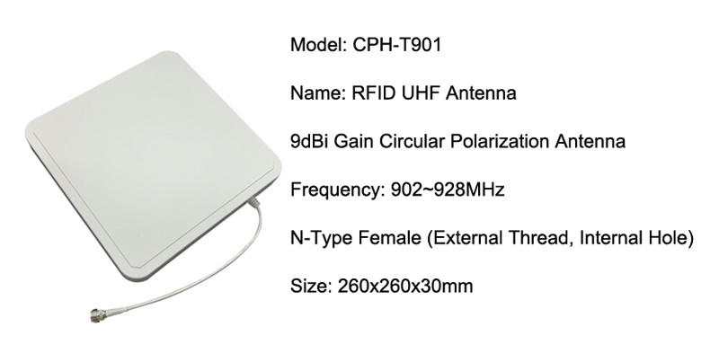 การ์ดข้อมูลจำเพาะแสดงเสาอากาศ UHF CPH-T901 พร้อมเกน 9dBi และสายขั้วต่อ N type female
